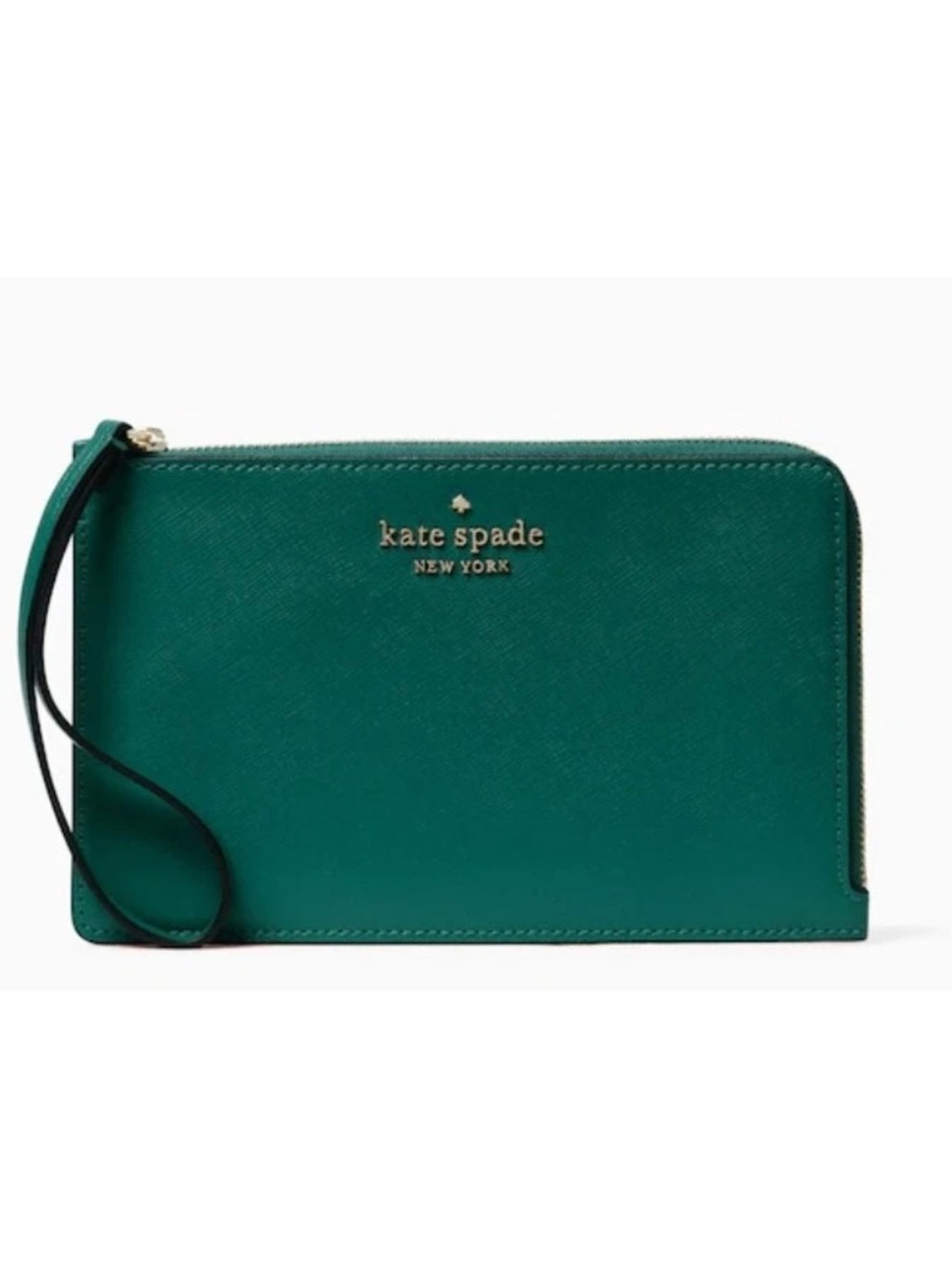 kate spade emerald green wristlet clutch with gold logo